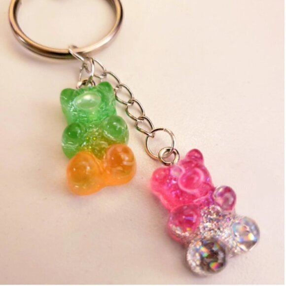 Handmade Green Orange Pink Silver Ombre Glitter Gummy Bear Keychain - Picture 2 of 7